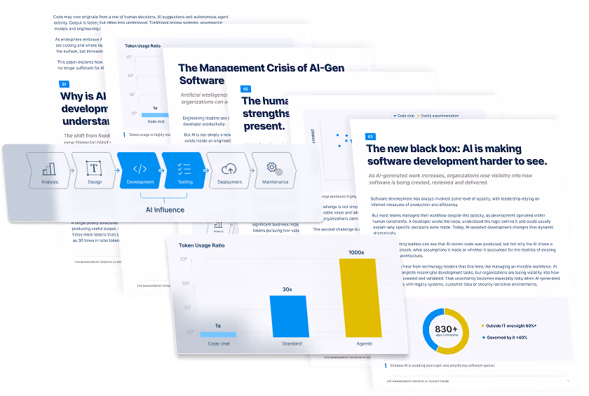 Stack of document pages showing AI software development topics and charts comparing token usage ratios.