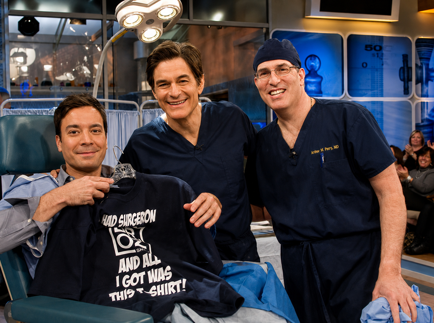 Dr. Arthur Perry with colleagues in scrubs on a television set