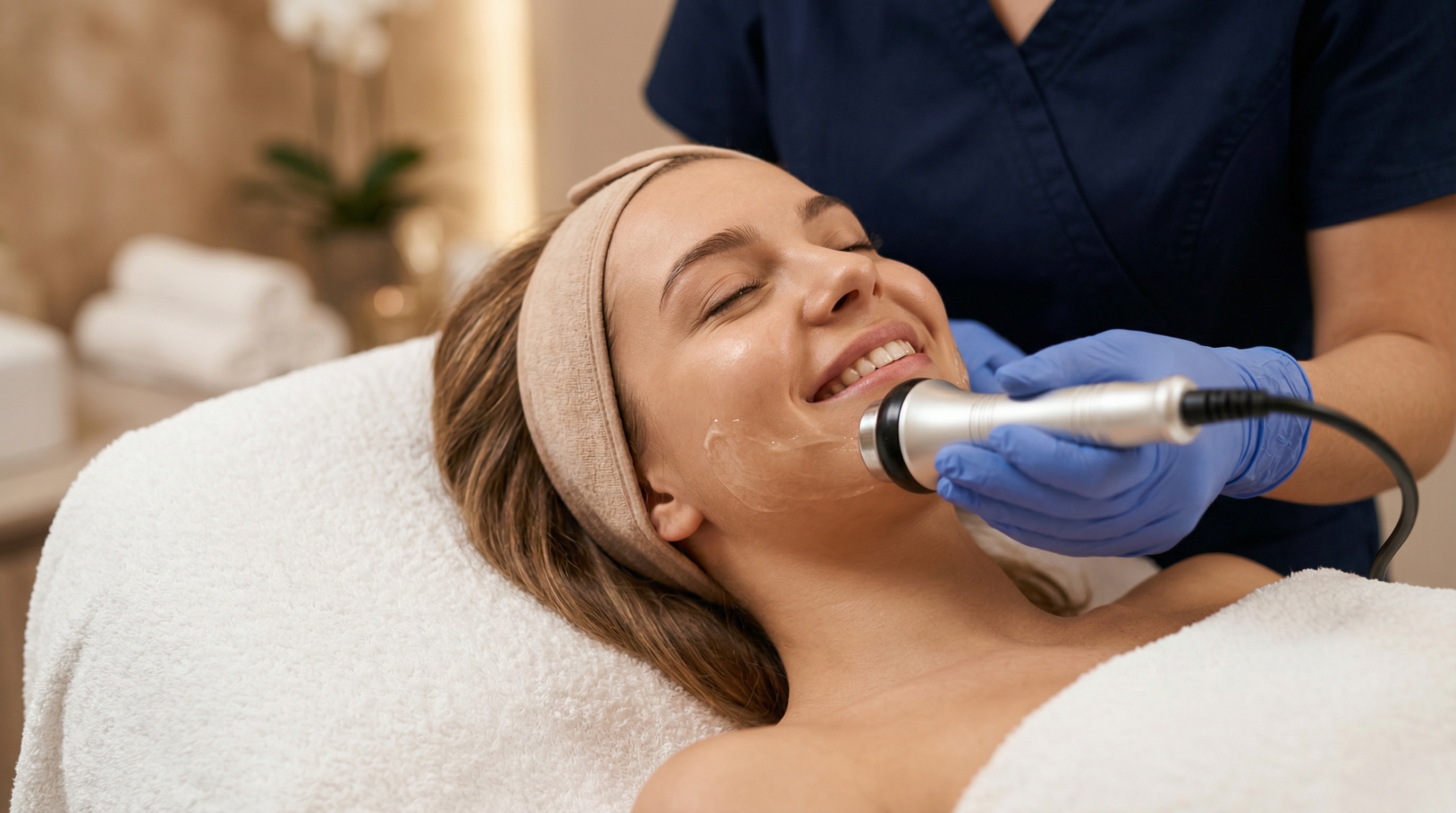 Woman receiving a professional laser skin rejuvenation treatment in a clinic