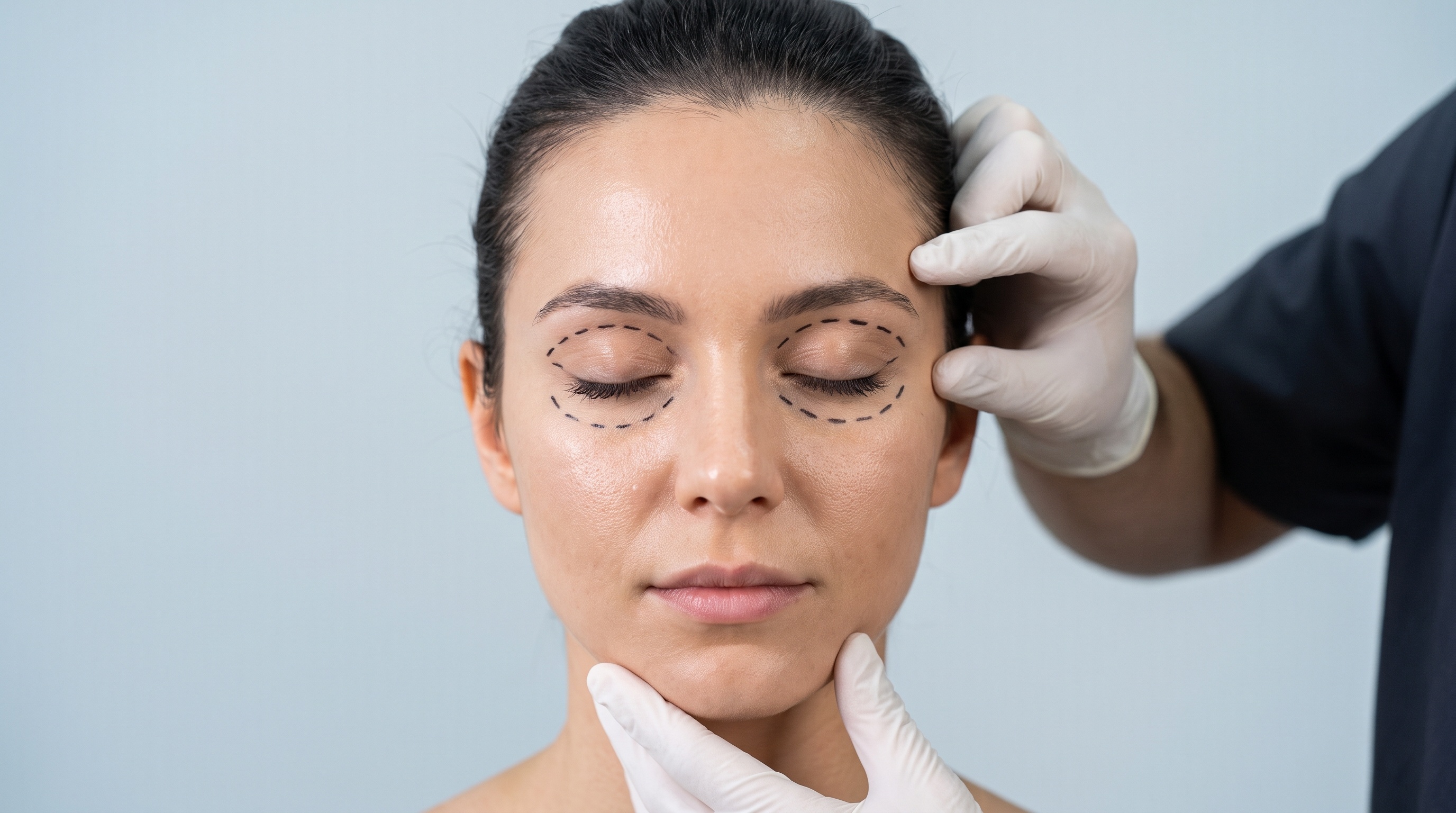 Clinician examining a patient's eyelids with surgical markings before eyelid surgery