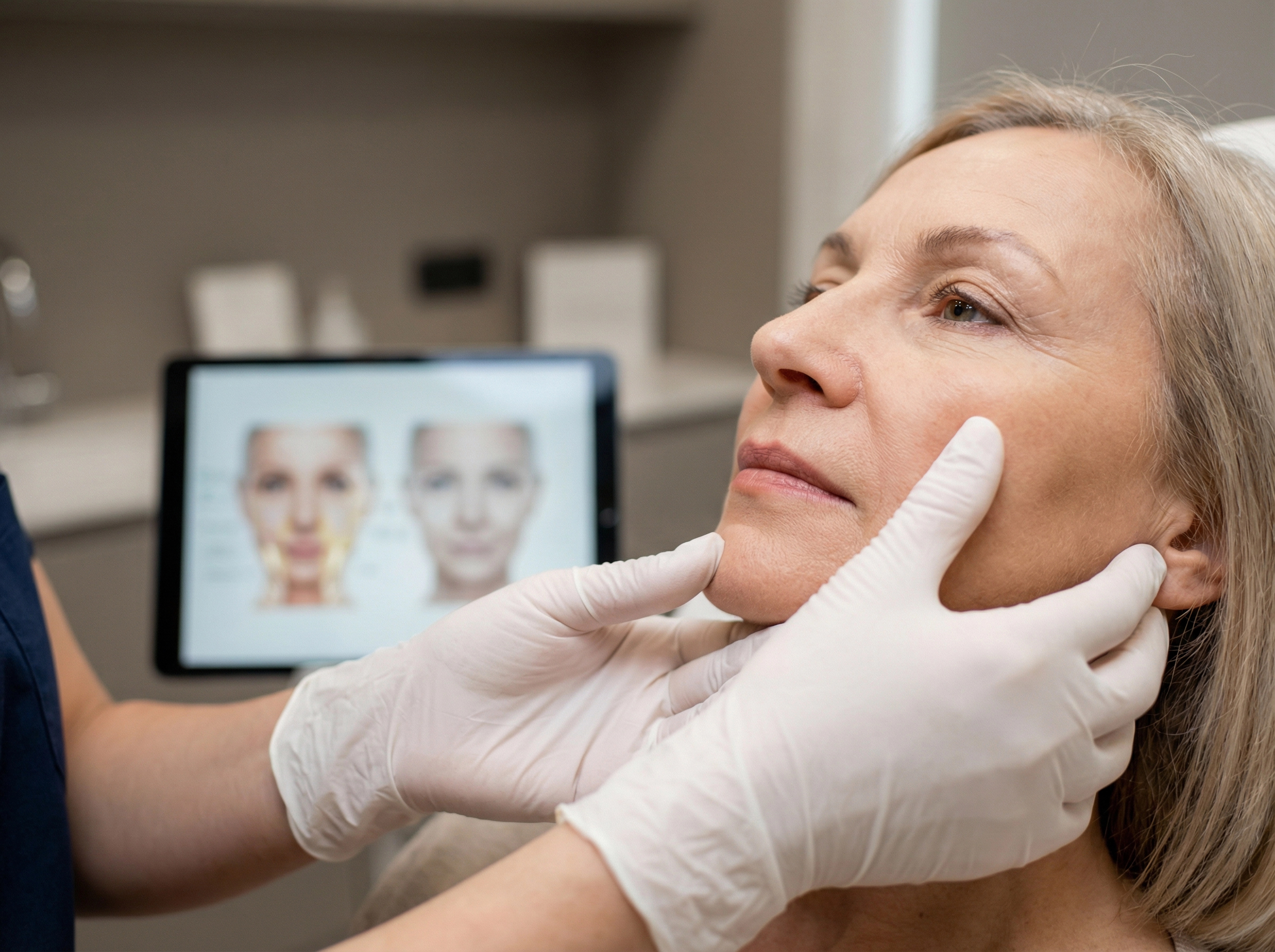 Senior woman receiving a facial aesthetic consultation from a medical professional