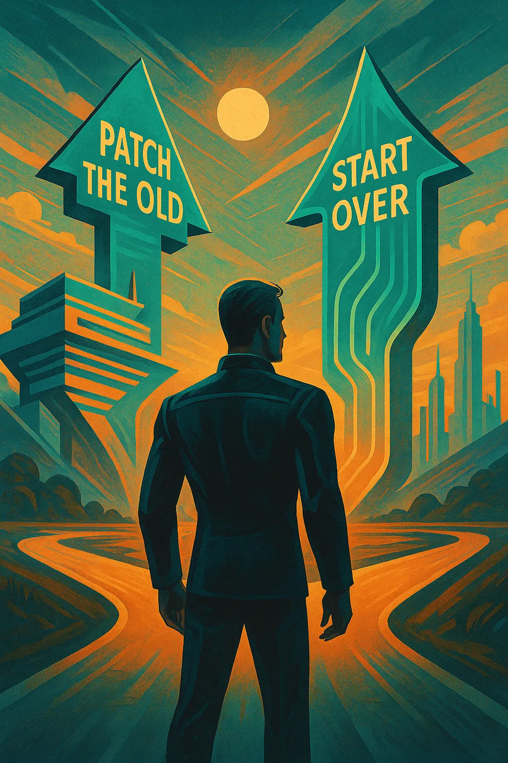 Illustration of a man standing at a fork in the road, choosing between two towering arrows labeled 'Patch the Old' and 'Start Over,' symbolizing a decision between fixing existing systems or beginning anew.