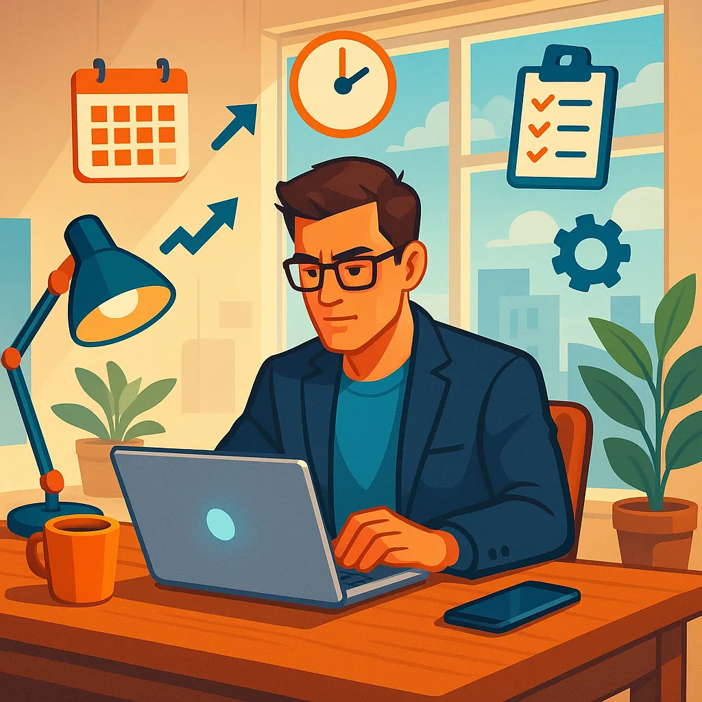 Illustration of a focused man working on a laptop in a bright, organized office with productivity icons like a calendar, clock, checklist, and upward arrows surrounding him.