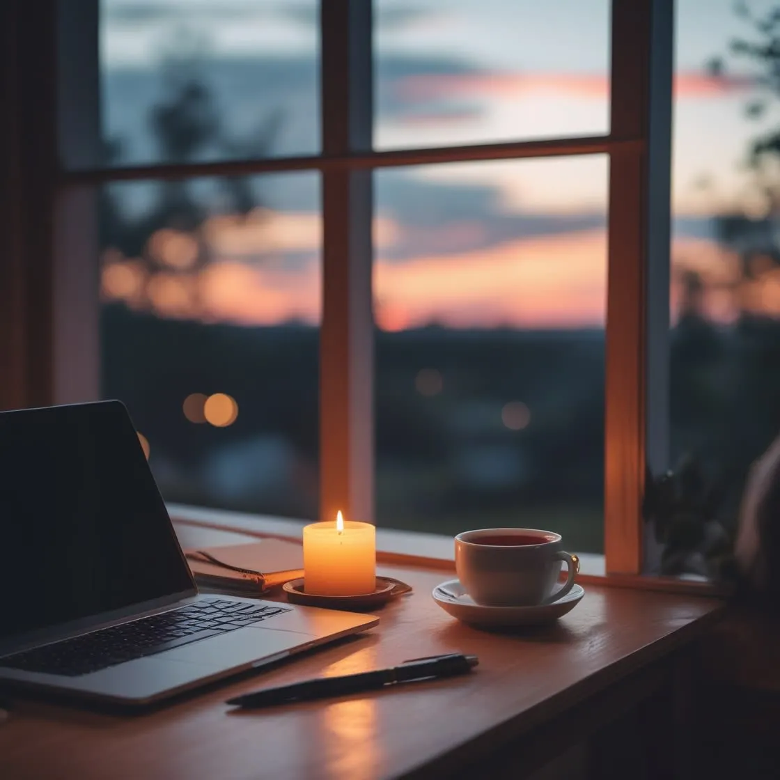 Cozy workspace by a window at sunset, featuring a laptop, a lit candle, a cup of tea, and a notebook with a pen on a wooden desk.