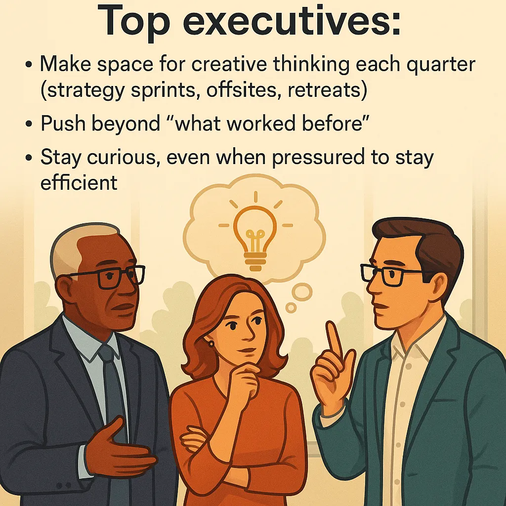 Illustration of three executives discussing ideas, with text listing key practices for top executives: fostering creative thinking, pushing beyond past solutions, and staying curious under pressure.
