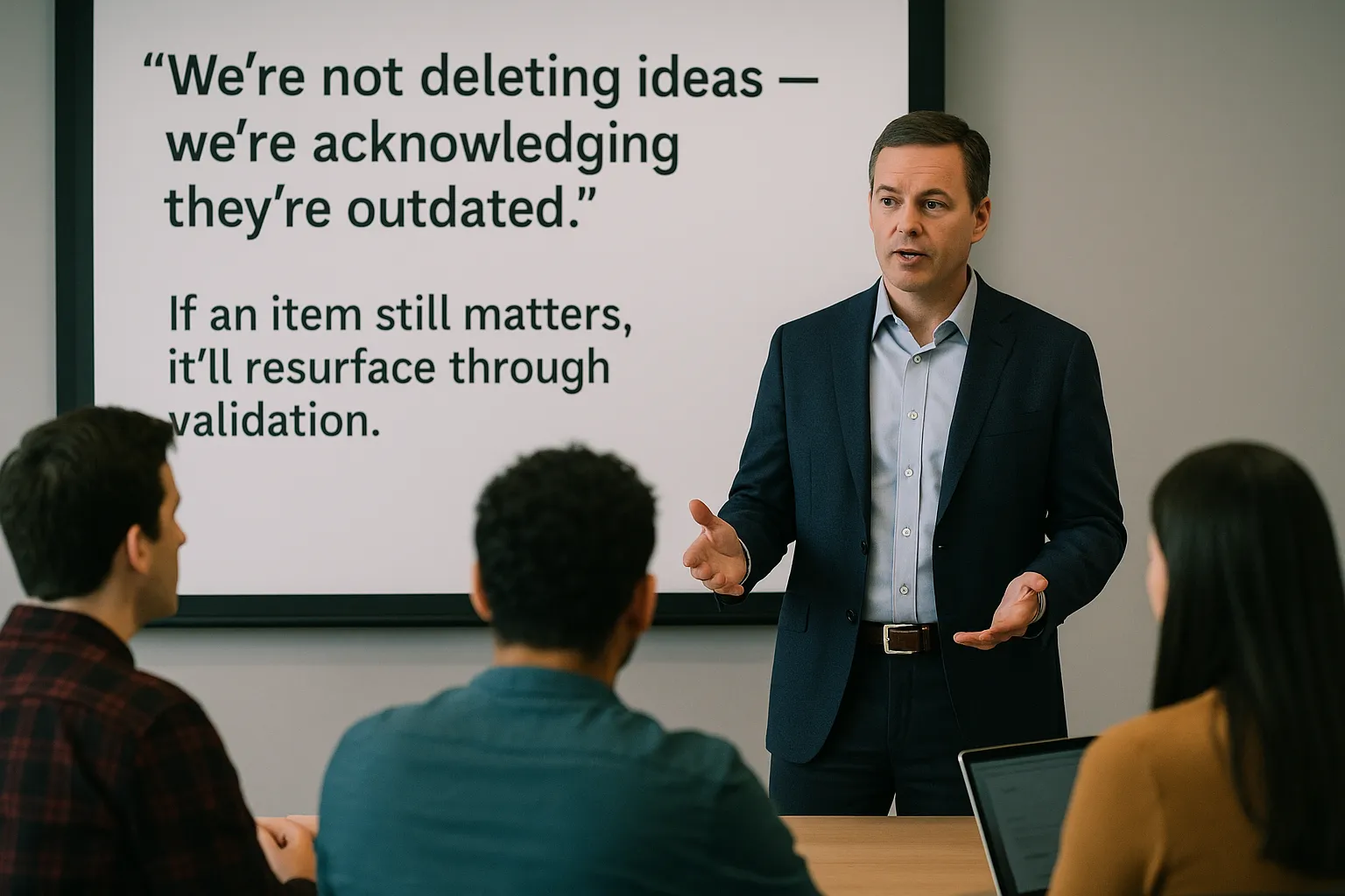Man in business attire speaking to a team in a meeting room, with a presentation slide behind him that reads: 'We’re not deleting ideas — we’re acknowledging they’re outdated. If an item still matters, it’ll resurface through validation.