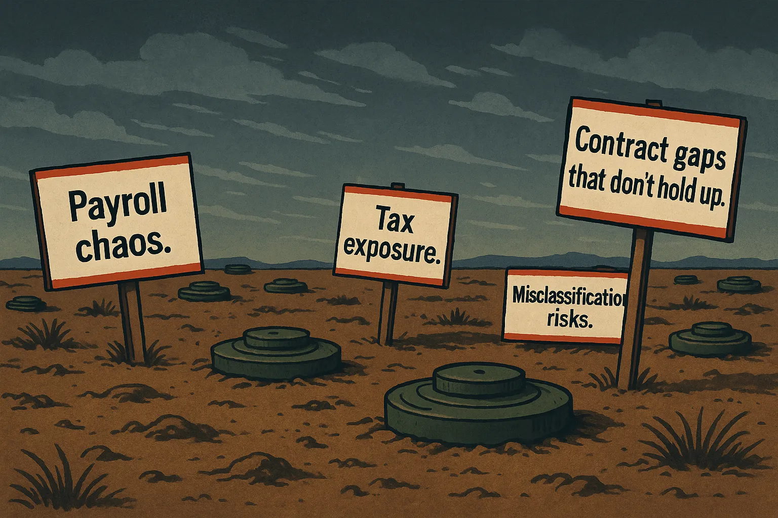 Illustration of a minefield with warning signs labeled 'Payroll chaos,' 'Tax exposure,' 'Misclassification risks,' and 'Contract gaps that don't hold up,' symbolizing legal and financial dangers in business operations.
