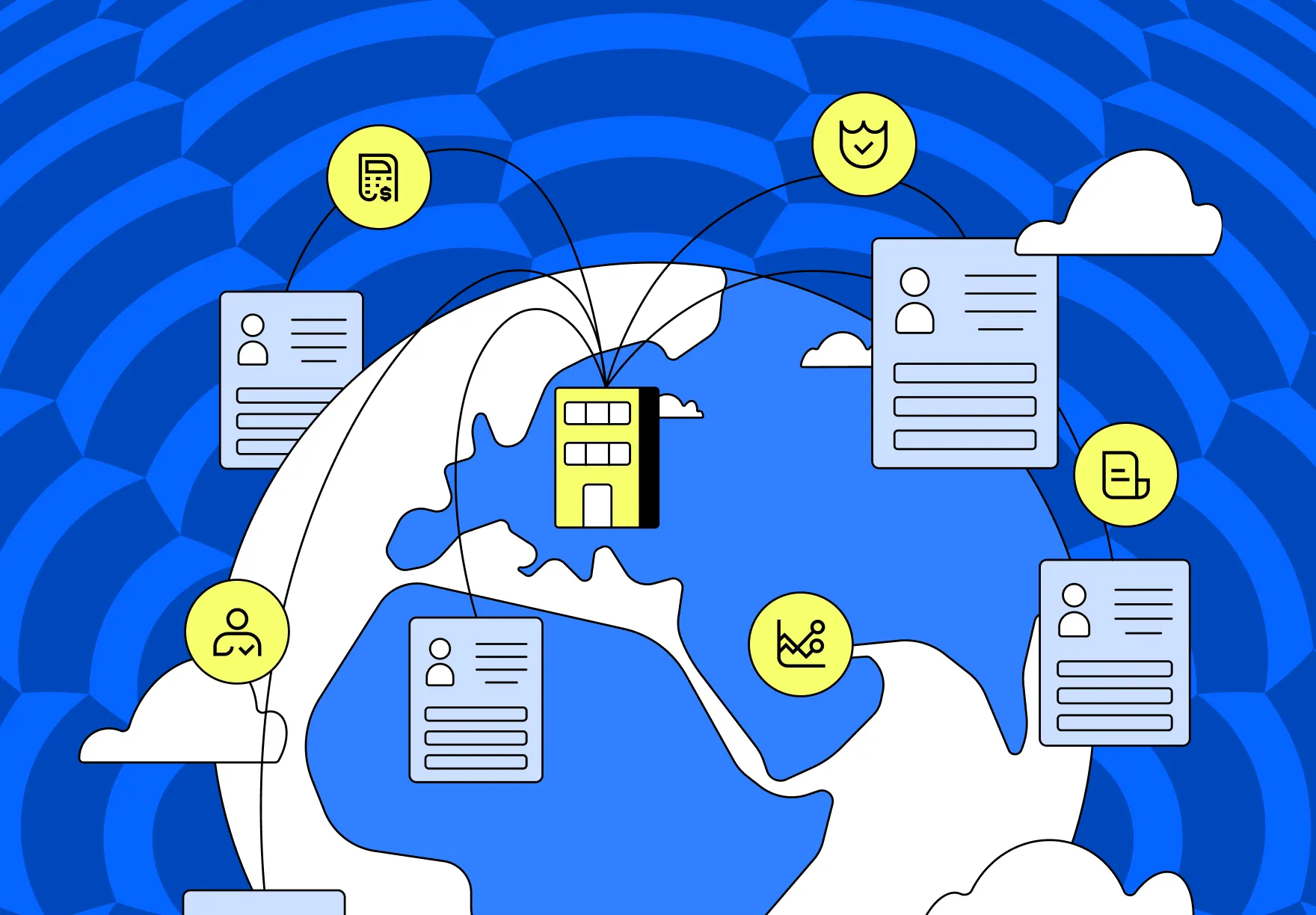 Illustration of a building connected to user profile documents across a globe, representing global workforce or data connectivity, with icons for tasks, security, and collaboration.