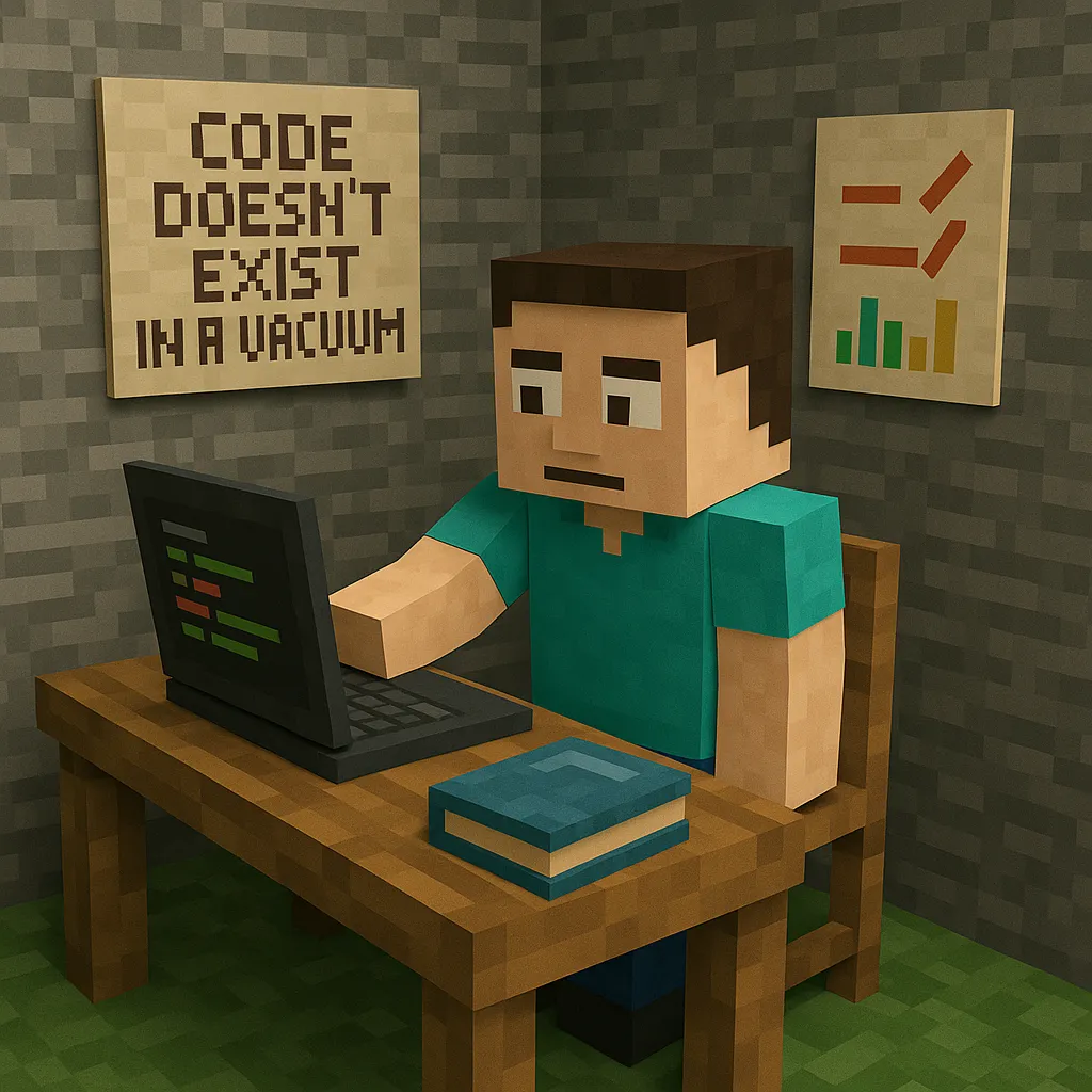 Voxel-style illustration of a blocky character coding at a desk with a laptop and a book, inside a stone room with a poster that reads 'Code doesn’t exist in a vacuum' and a chart on the wall.