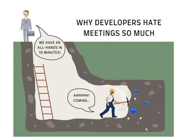 Comic showing a developer mining gems underground, interrupted by a manager announcing an all-hands meeting, illustrating the frustration developers feel when pulled out of deep focus work.