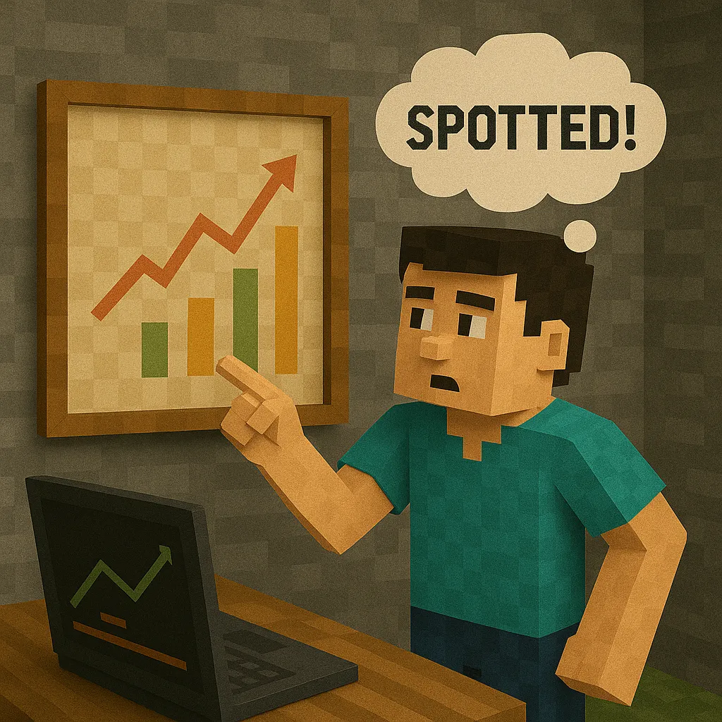Voxel-style character pointing at a framed upward-trending graph on the wall, with a thought bubble that says 'SPOTTED!' and a laptop showing a similar graph, indicating the discovery of a data trend.