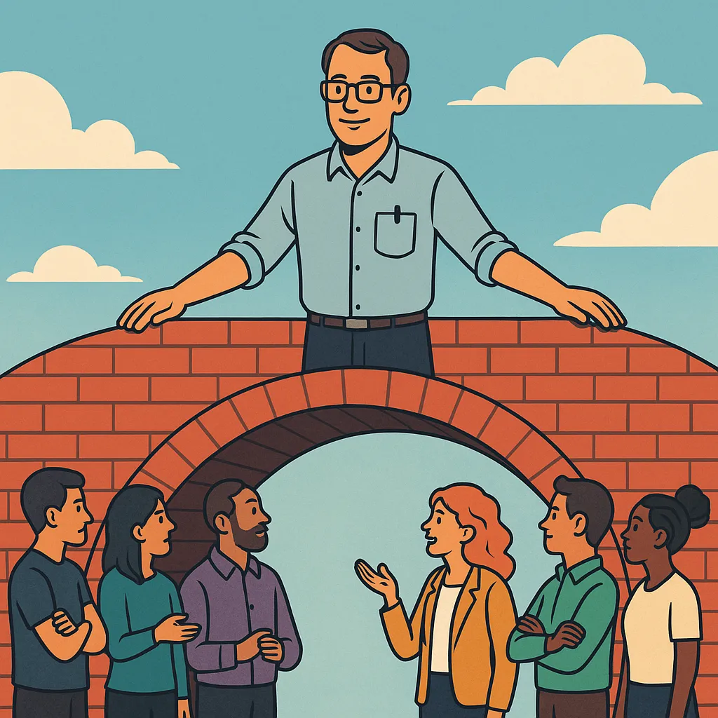 Illustration of a man standing atop a brick arch bridge, symbolizing a bridge-builder, while diverse team members gather and engage in discussion underneath, representing leadership that connects and supports teams.