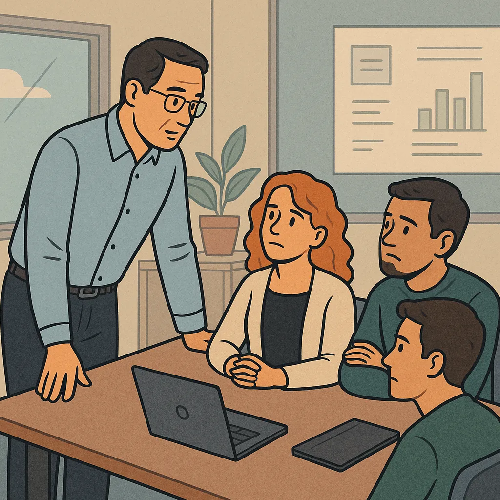 Illustration of a manager standing and speaking to a diverse team seated around a table with a laptop and tablet, suggesting a collaborative meeting or discussion in a modern office.