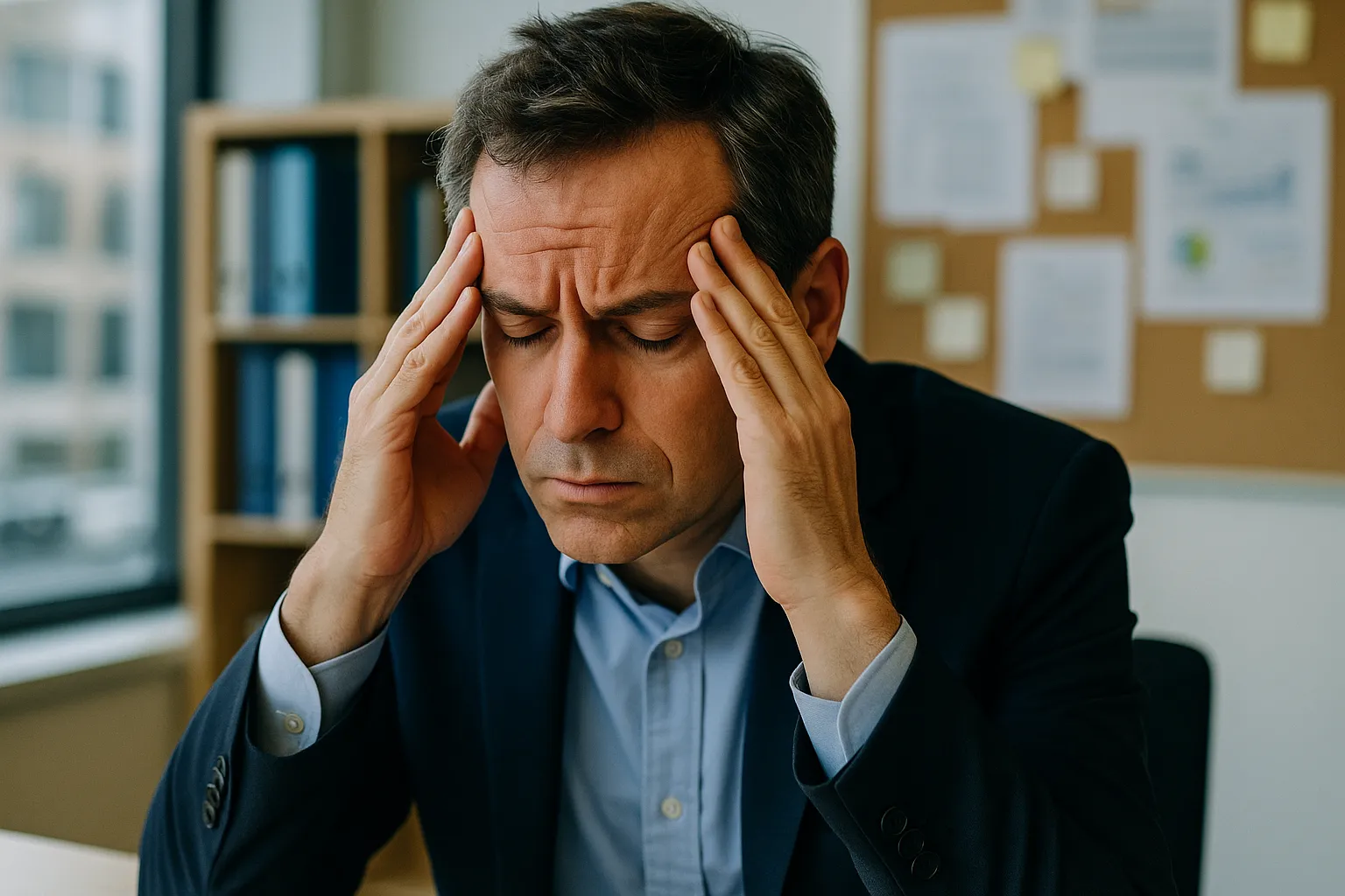 Stressed businessman in a suit sitting at a desk with eyes closed and hands on his temples, appearing overwhelmed or deep in thought in a modern office setting.
