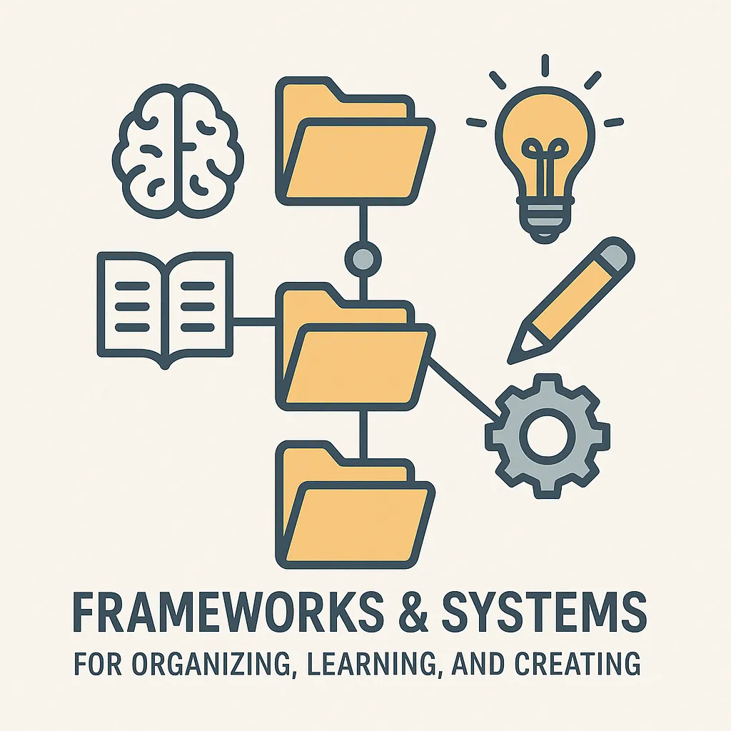 Illustration featuring folders connected to icons of a brain, book, lightbulb, pencil, and gear, representing frameworks and systems for organizing, learning, and creating.