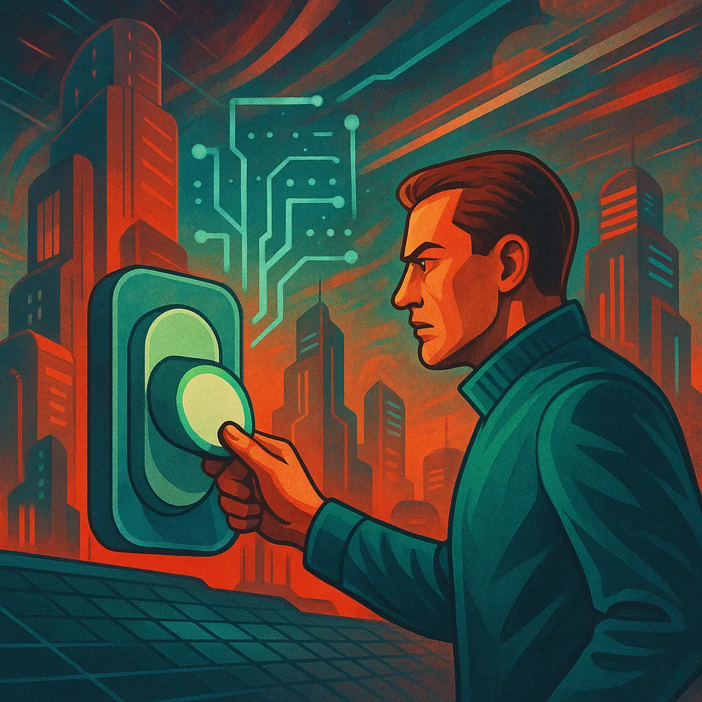 Stylized illustration of a determined man about to press a large futuristic button against the backdrop of a glowing tech cityscape, symbolizing the initiation of a powerful or transformative action.