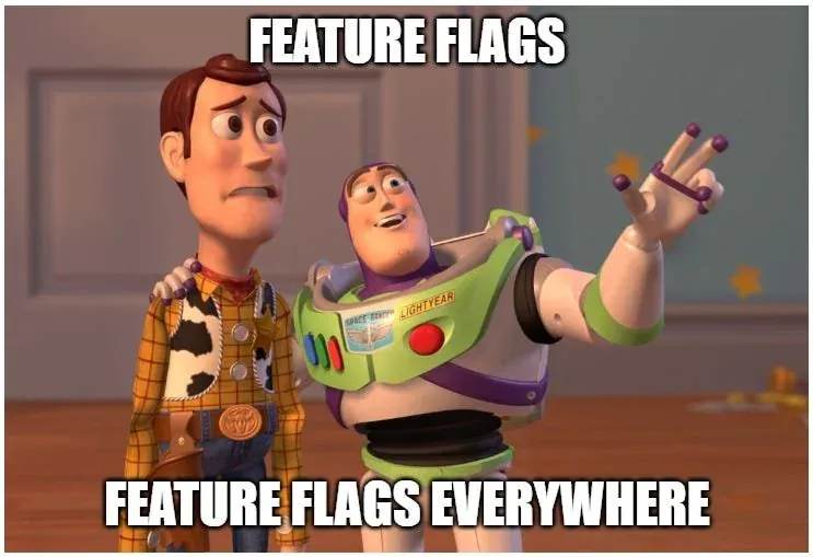 Meme using Toy Story characters Woody and Buzz Lightyear, with Buzz gesturing widely and the caption: 'FEATURE FLAGS — FEATURE FLAGS EVERYWHERE,' humorously highlighting the overuse or ubiquity of feature flags in development.
