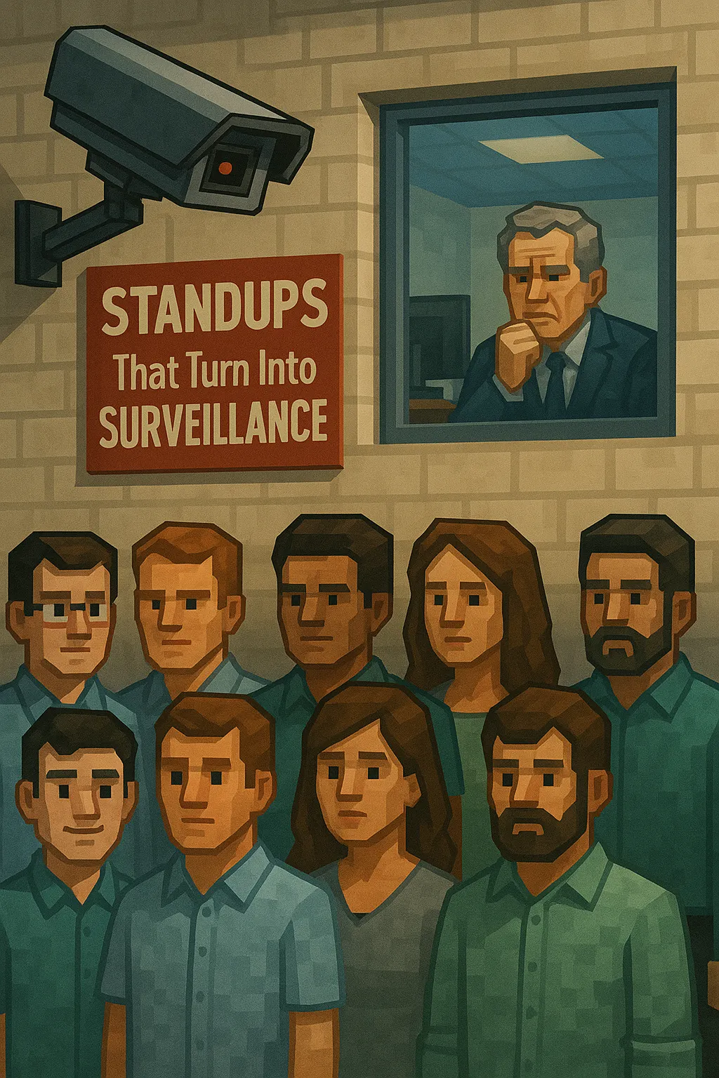 Illustration of a group of somber employees standing under a surveillance camera and a sign reading 'STANDUPS That Turn Into SURVEILLANCE,' with a stern-looking manager watching from a window above, highlighting the oppressive nature of micromanaged meetings.
