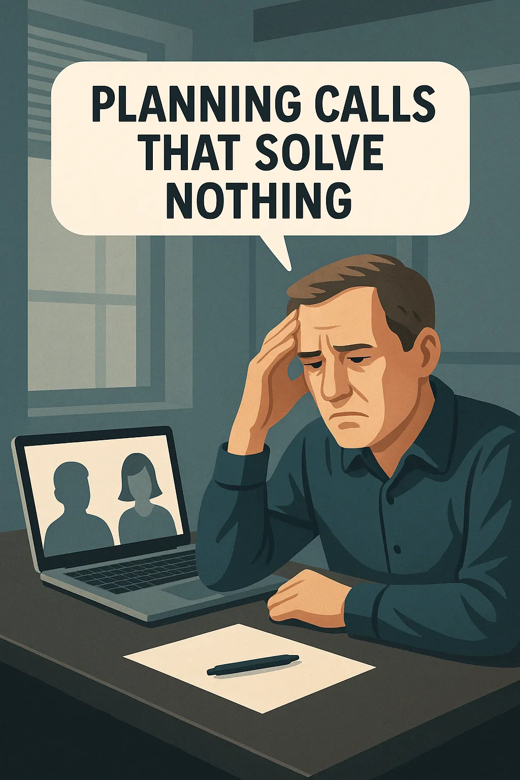 Frustrated man sitting at a desk during a virtual meeting, with a speech bubble overhead that reads 'PLANNING CALLS THAT SOLVE NOTHING,' expressing dissatisfaction with unproductive remote planning sessions.