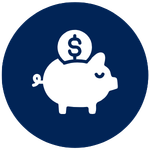 White piggy bank icon with a coin featuring a dollar sign on a dark blue circular background.