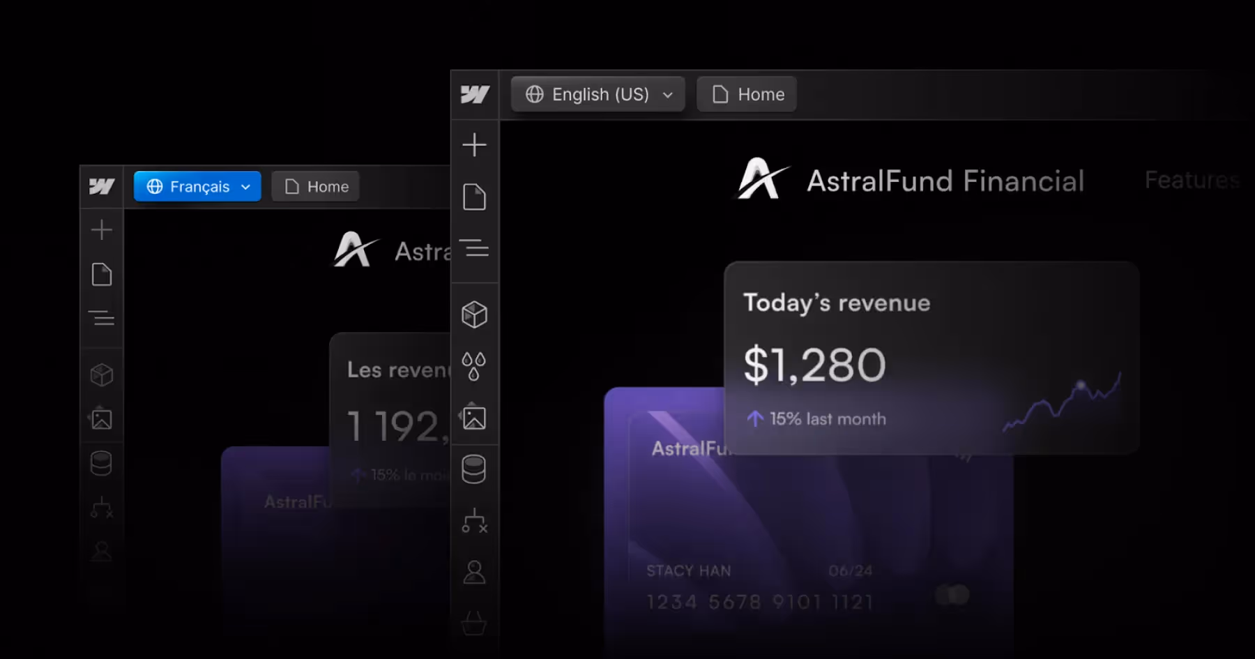 AstralFund Financial dashboard showing today's revenue of $1,280
