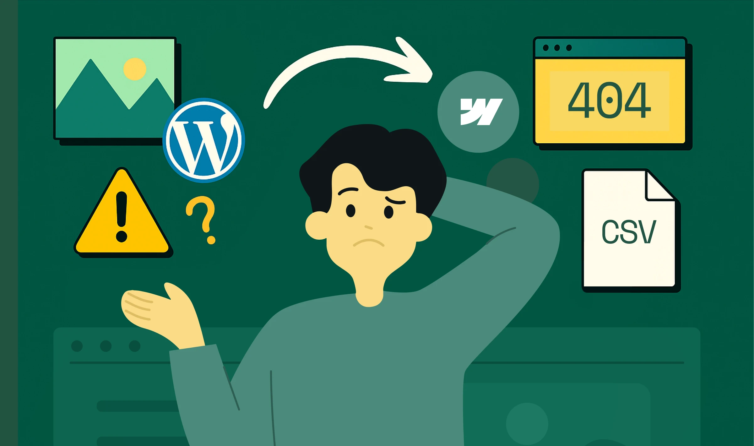 Frustrated person troubleshooting WordPress website errors and 404 page