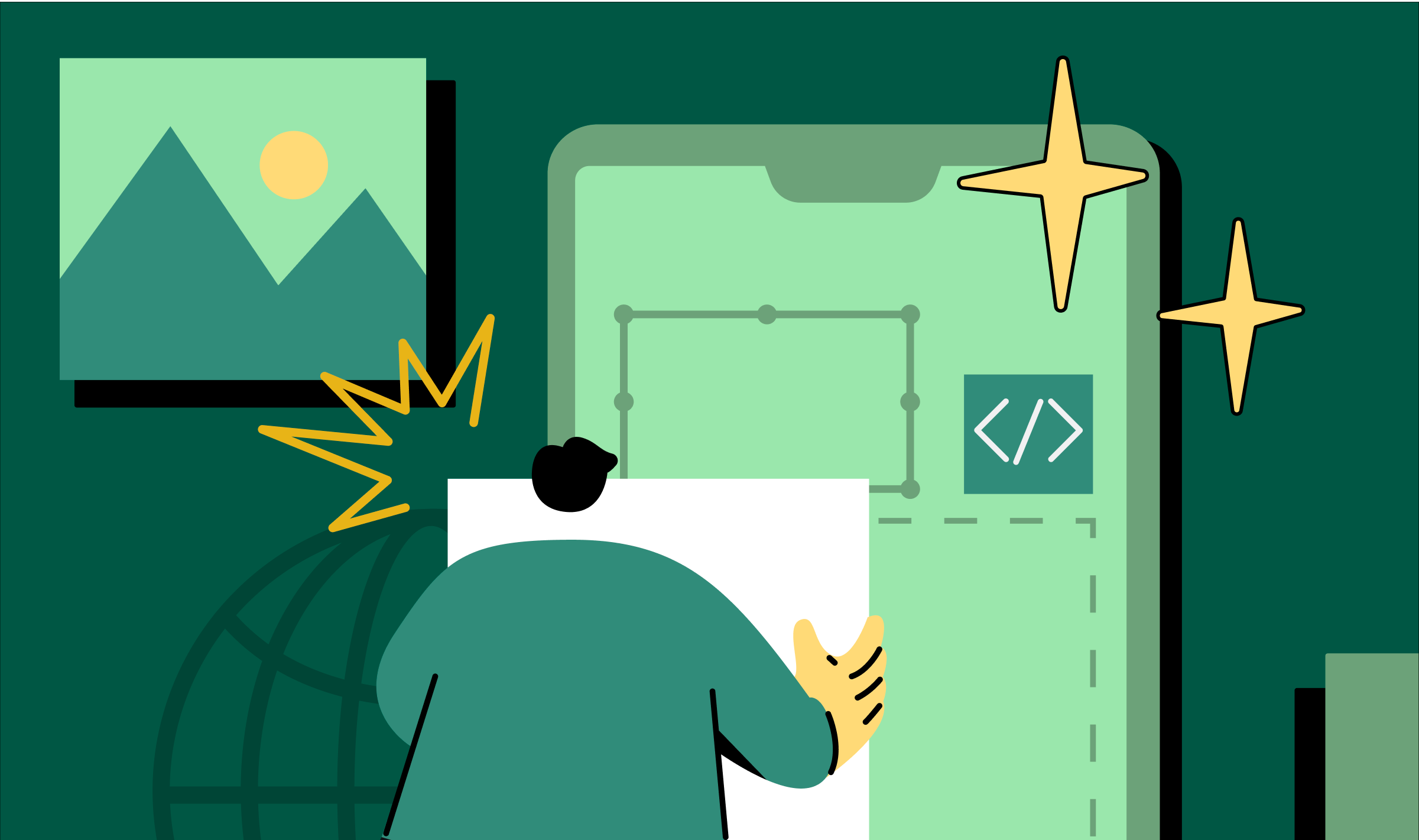 Designer working on digital interface with coding and image design elements