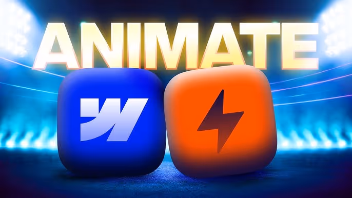 Animate logo with blue and orange app icons on dramatic stage