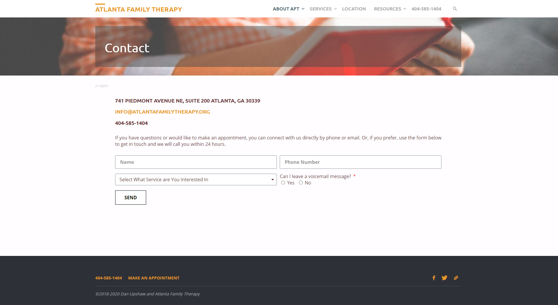 The contact page shows a form where the user can input their information to contact the therapist for services. 