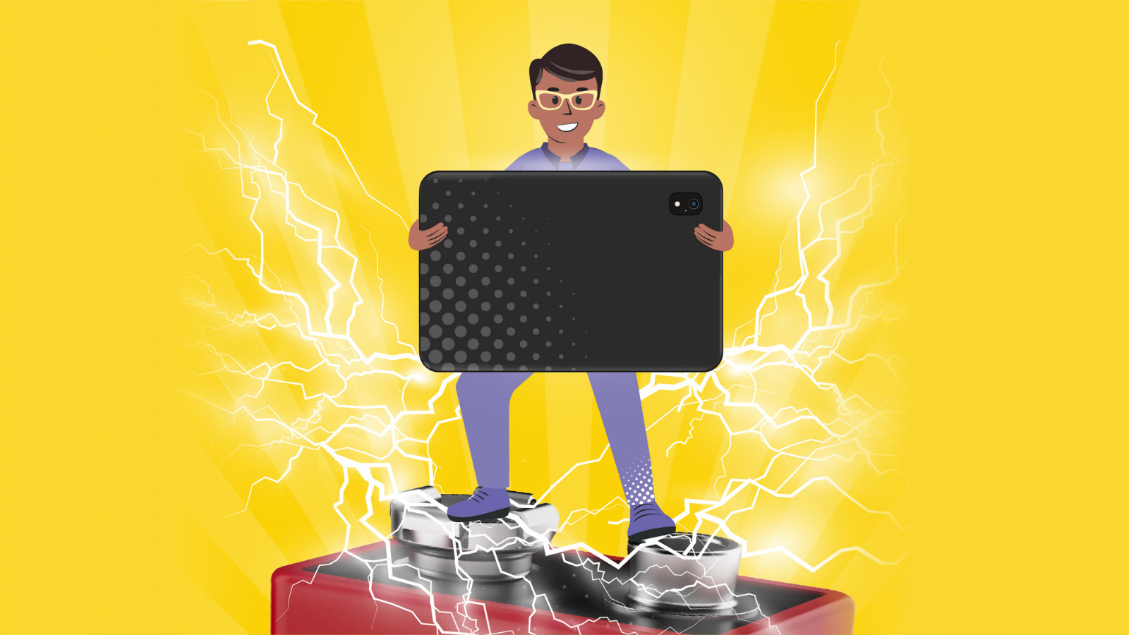 Illustrated student standing on top of a large battery with lightning bolts around the terminals, holding an oversized tablet and smiling.