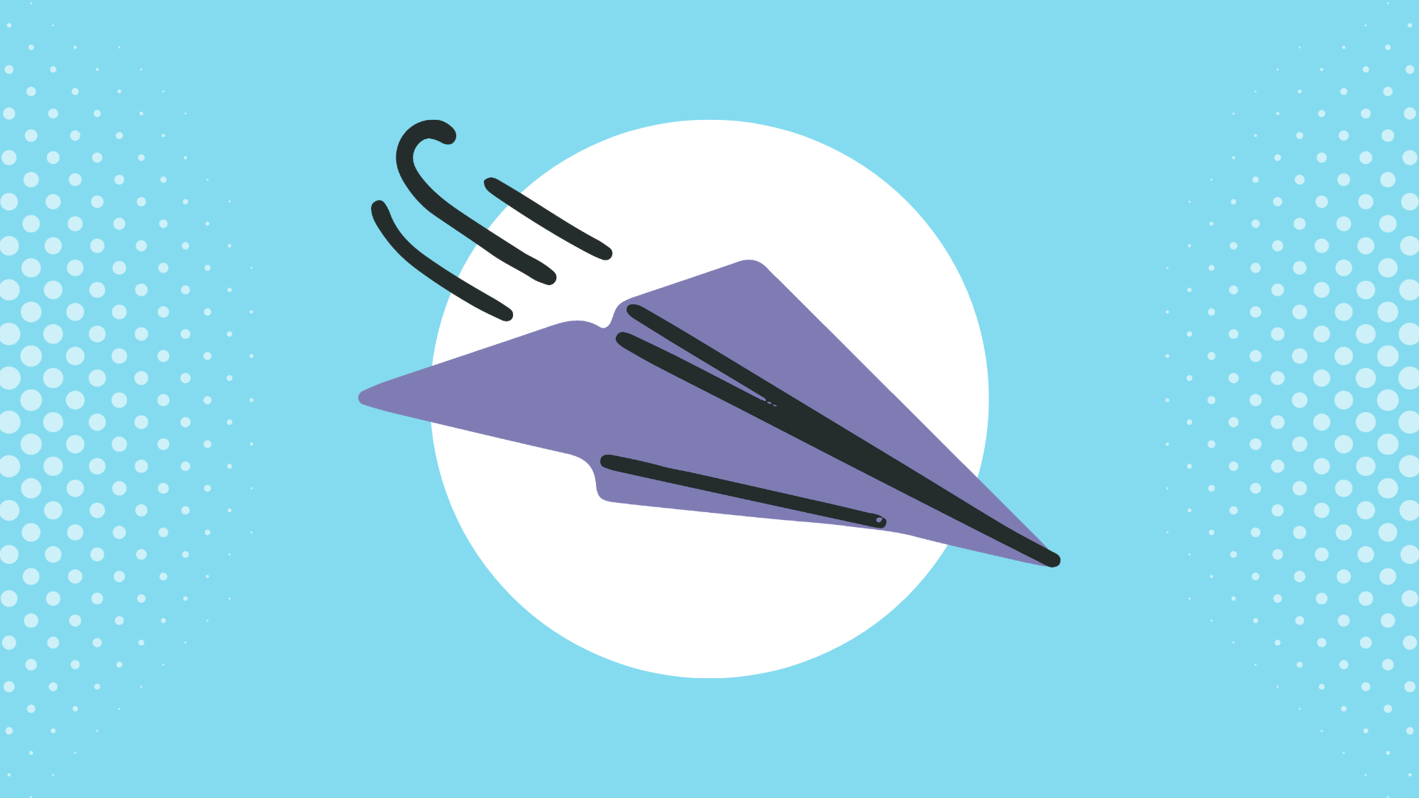 Illustration of a flying purple paper airplane set against a light blue background. 