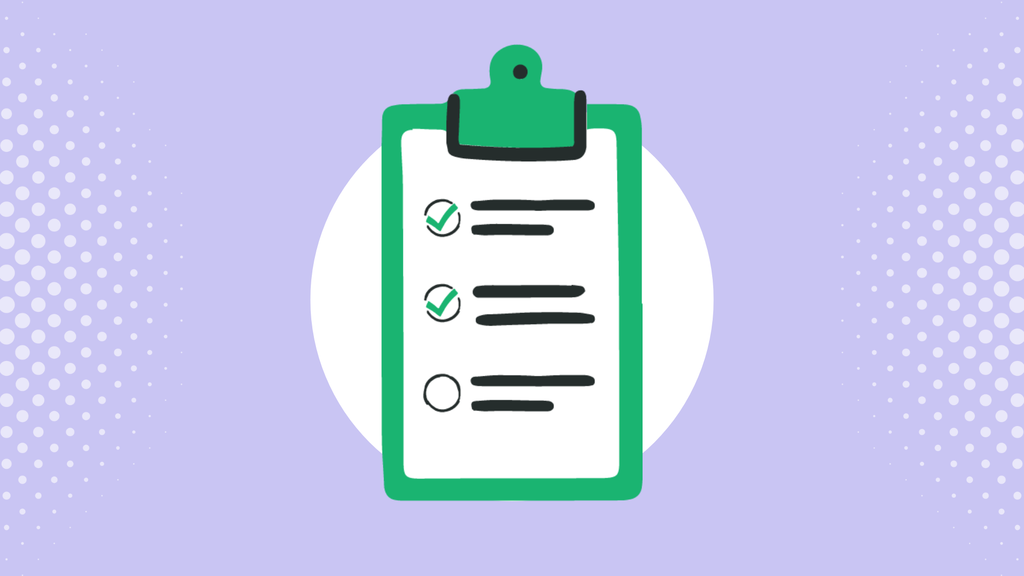 Illustration of a green and white notepad checklist with two of three tasks completed, set against a light purple background.  