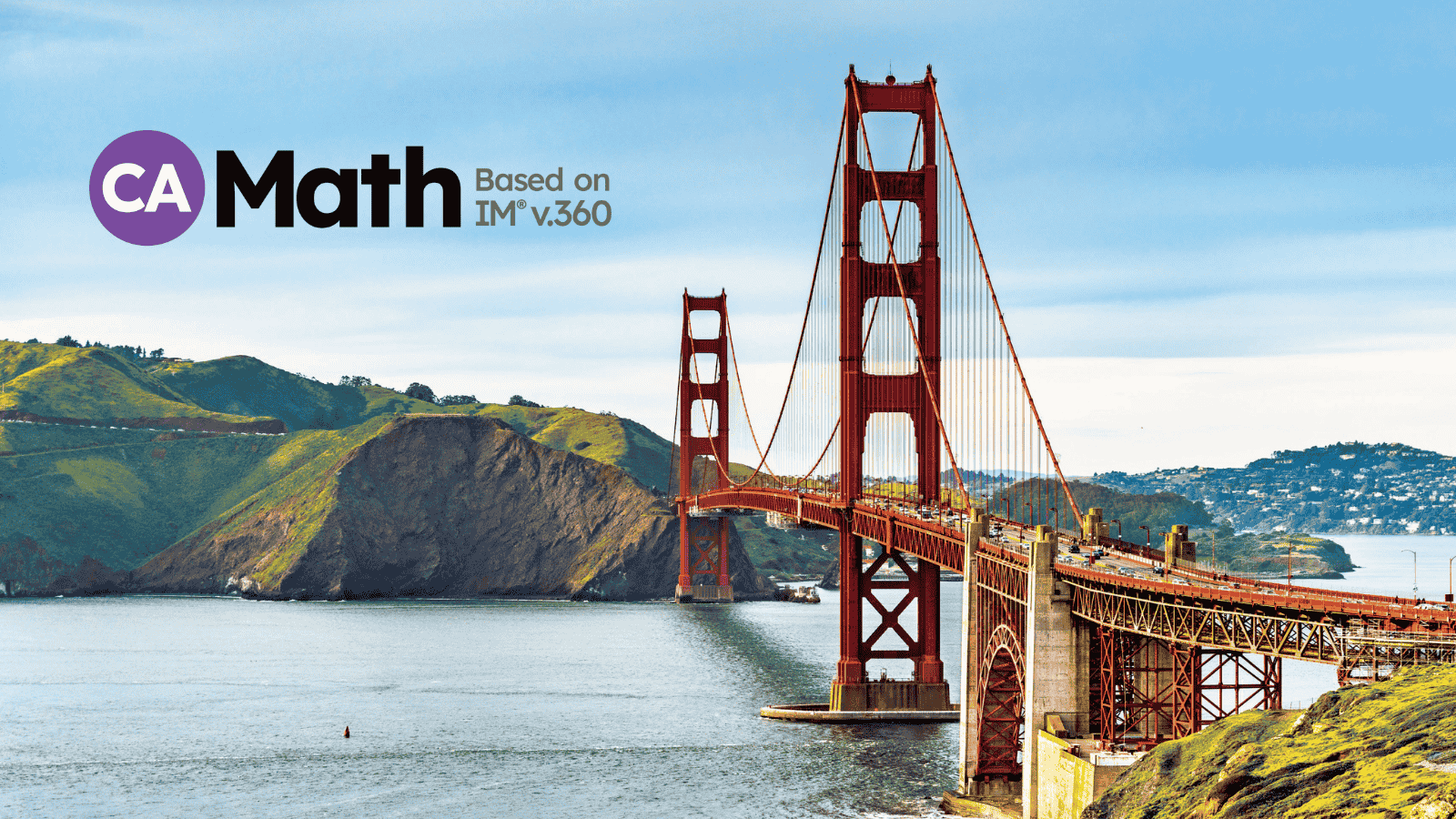 Golden Gate Bridge in San Francisco with the CA Math logo overlaid