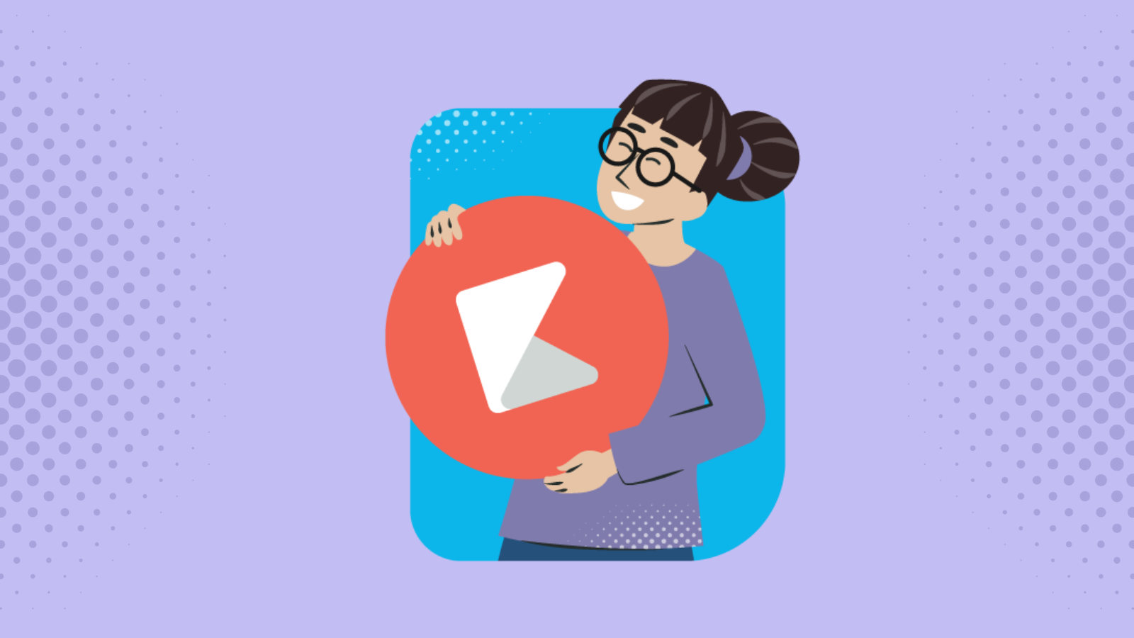 Illustration of a smiling person with glasses holding the Kiddom logo, set against a blue rounded rectangle with a purple background. 