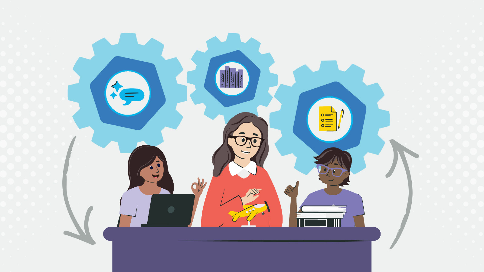 Image of a teacher teaching two students. Gears with curriculum, test, and feedback icons in each in the background.