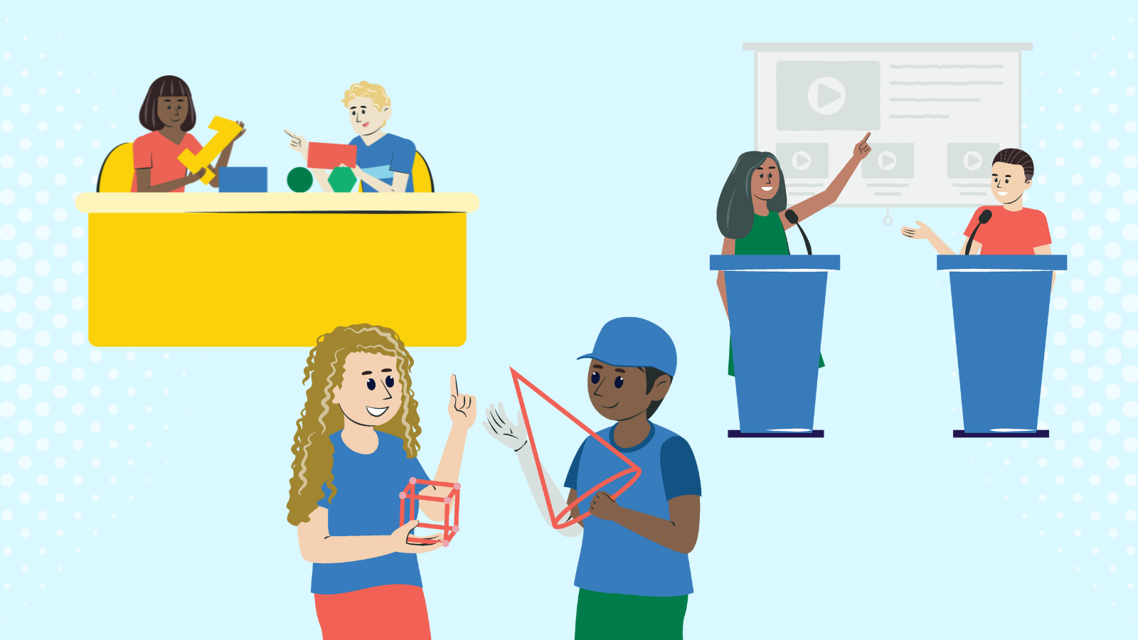 Illustration of students learning in different ways: collaborating at a table, debating, and building with hands-on tools.