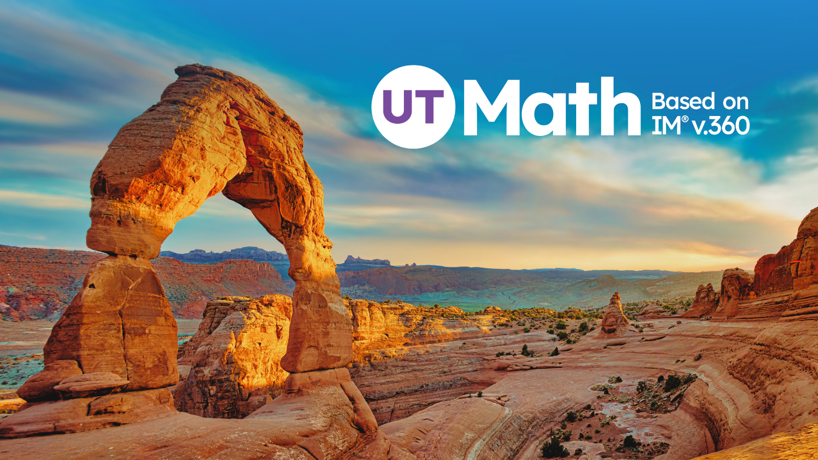 Arches national park in Utah with the UT Math logo overlaid