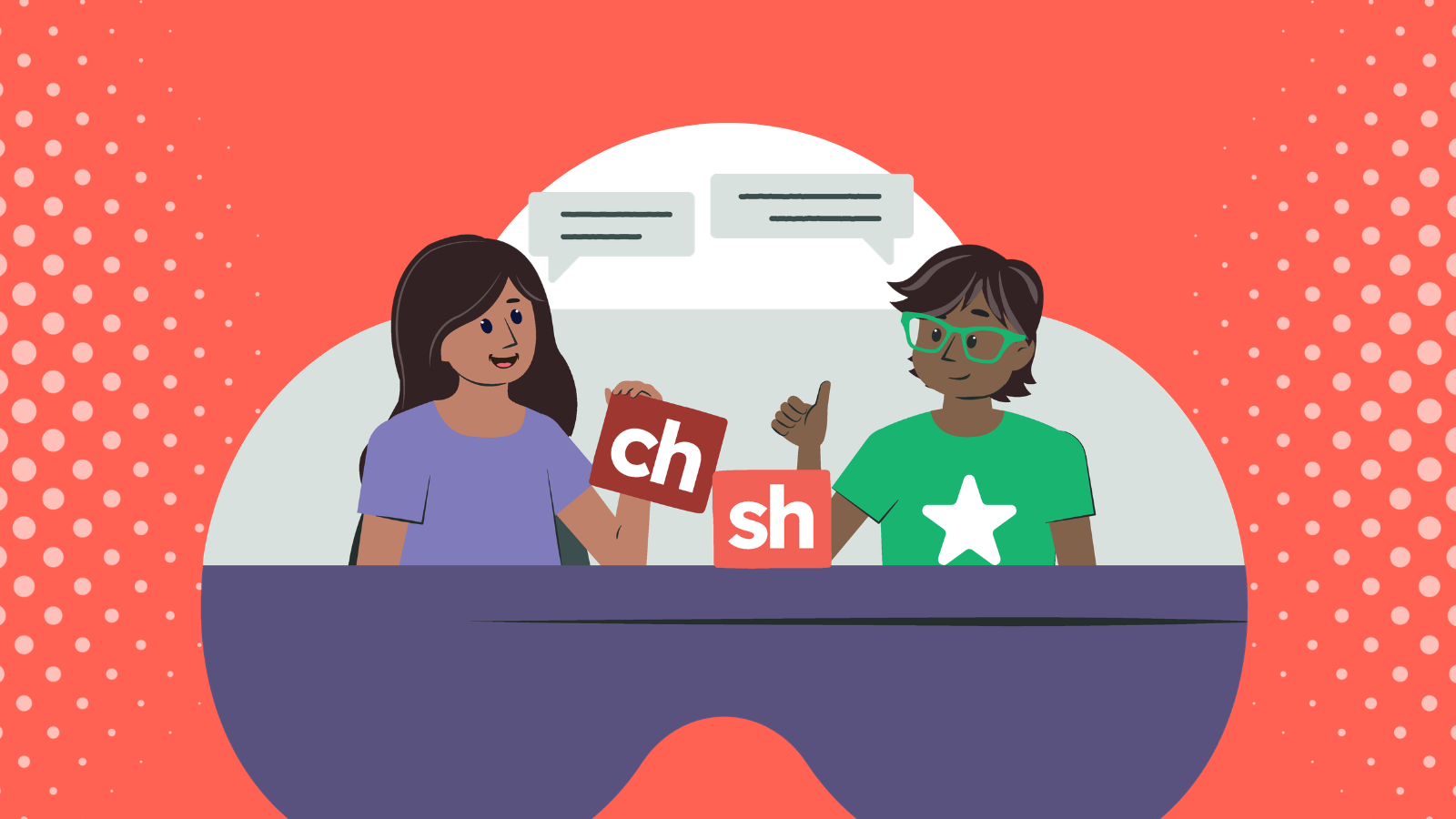 Two students sitting at a table with phonics blocks.