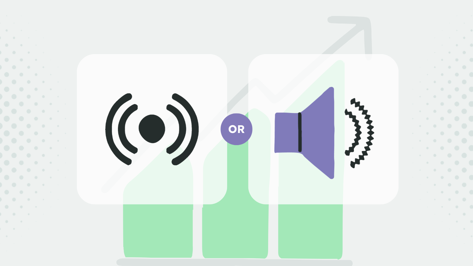 bar graph behind two images of a signal and audio waves that are zig zagging