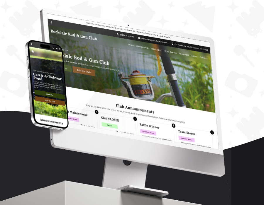 A mockup of an iphone and mac desktop, showcasing the Rockdale Rod & Gun Club website.
