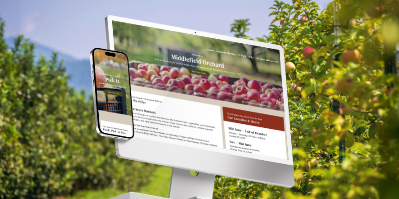 A computer monitor and smartphone display a website for Middlefield Orchard, set against a lush orchard background with ripe apples. The tones are fresh and inviting.