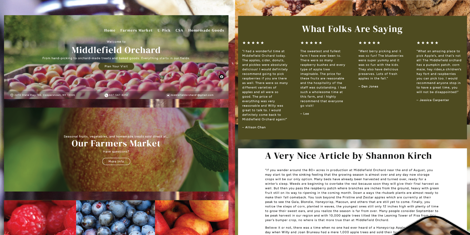 Website for Middlefield Orchard featuring images of fresh apples, berries, and pumpkins. Sections include farm market info, customer reviews, and an article by Shannon Kirch, delivering a warm, inviting tone.