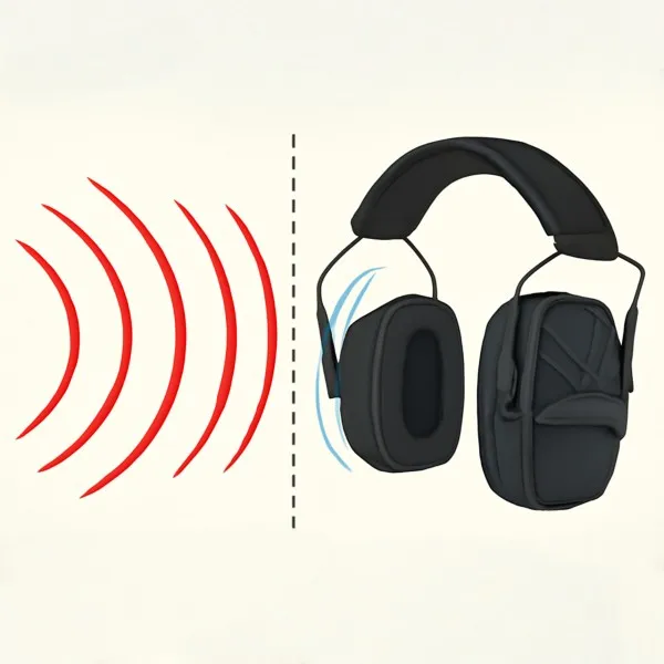 Sound waves hitting an earmuff barrier and being attenuated