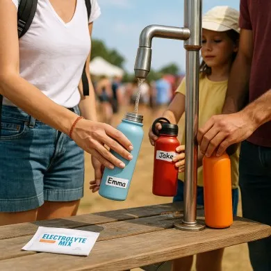 Family refilling water bottles