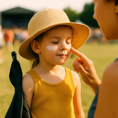 Child with hat and sunscreen