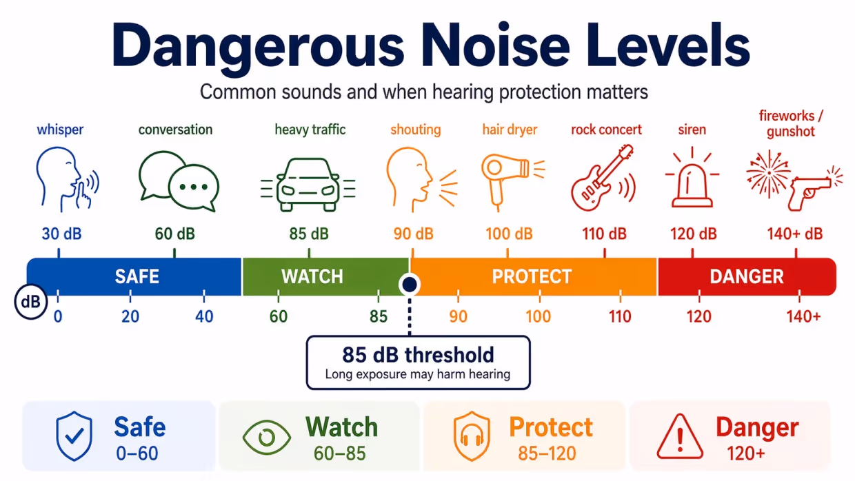 Decibel chart showing when everyday sounds become risky for hearing