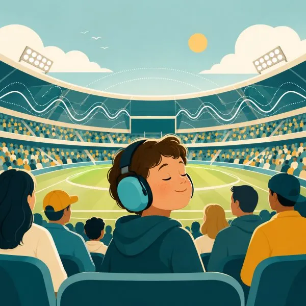 Child wearing protective earmuffs at a stadium game