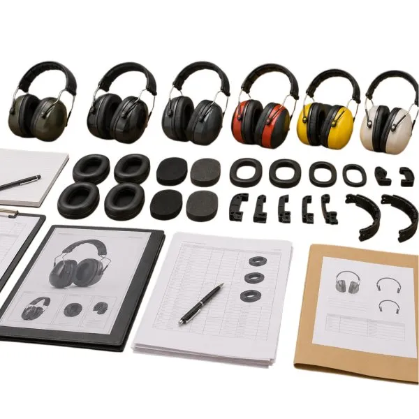 Industrial earmuff components and materials for procurement review