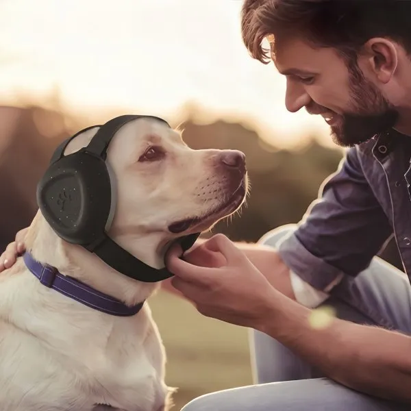 Owner checking dog ear muff fit before fireworks start