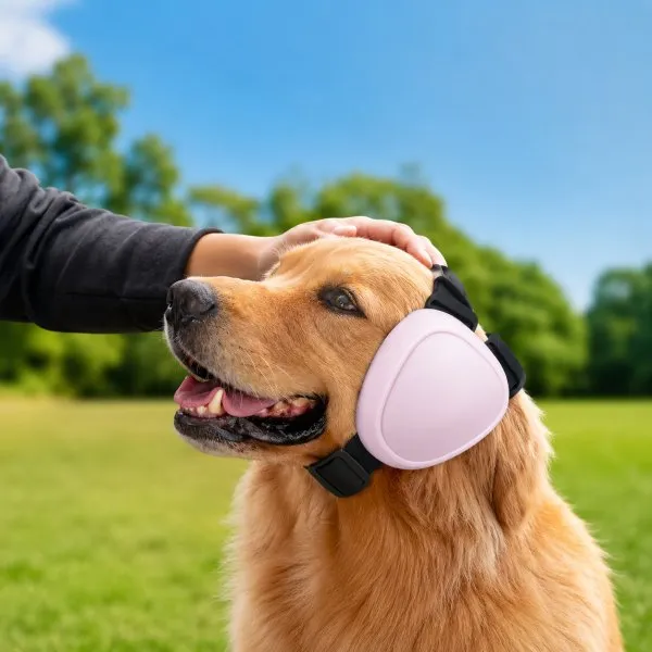 Handler introducing dog ear muffs to a relaxed working dog